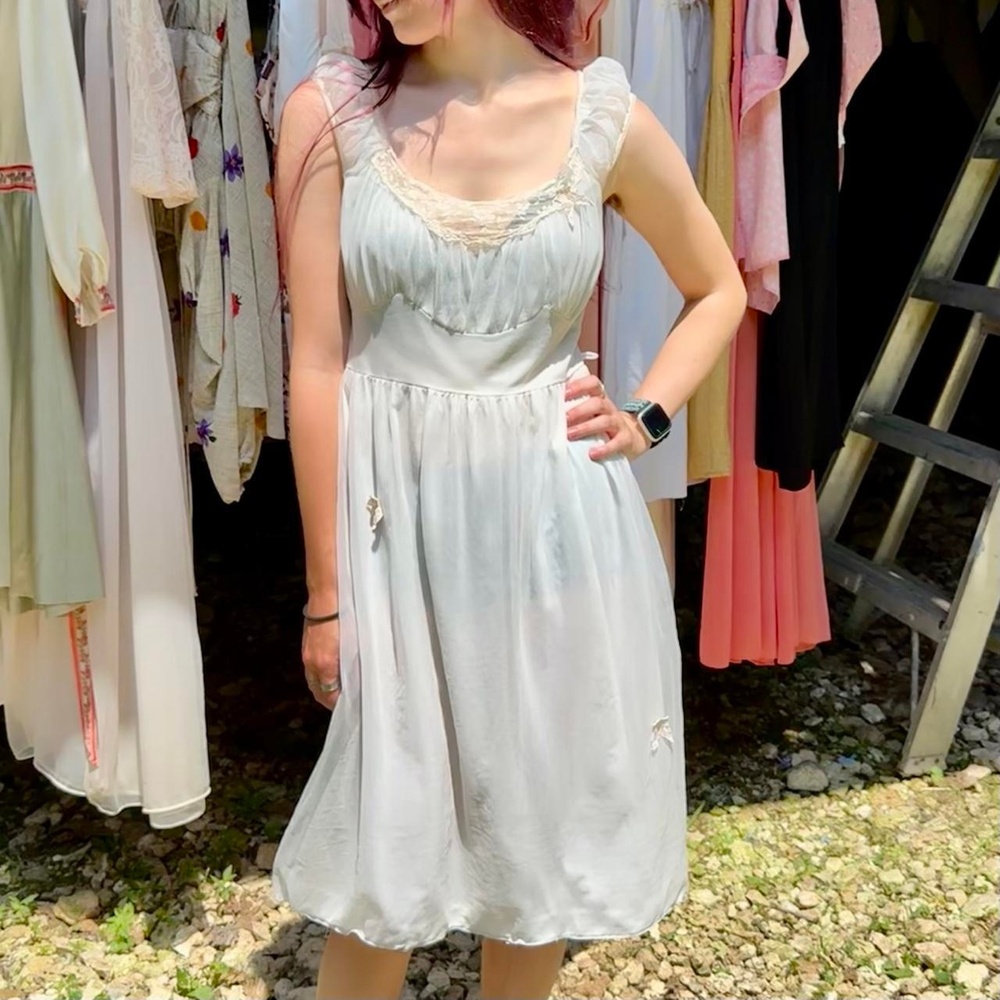 60s white double layer nylon milkmaid nightgown princess waist butterfly bodice